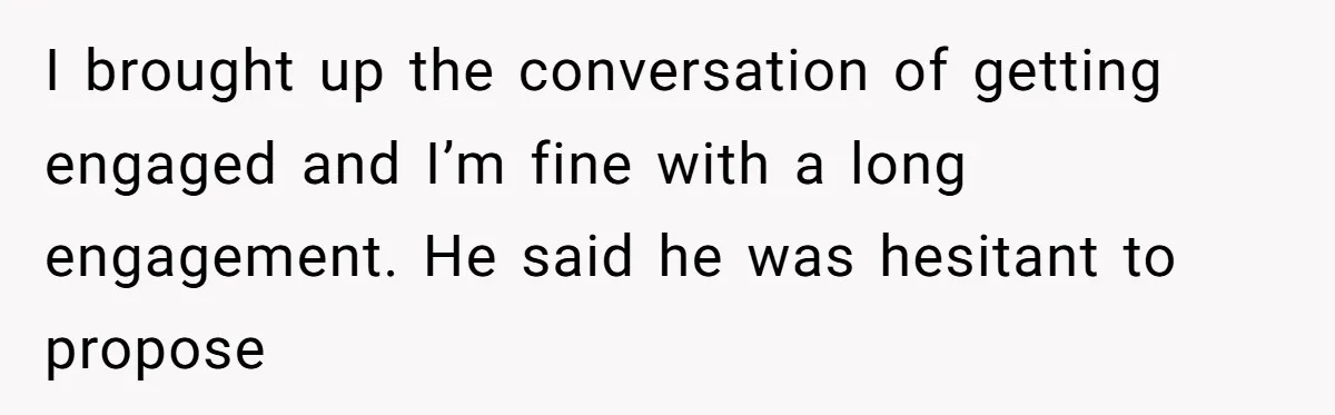 I brought up the conversation of getting engaged and I’m fine with a long engagement. He said he was hesitant to propose