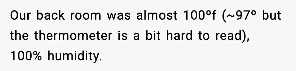 Our back room was almost 100ºf (~97º but the thermometer is a bit hard to read), 100% humidity.