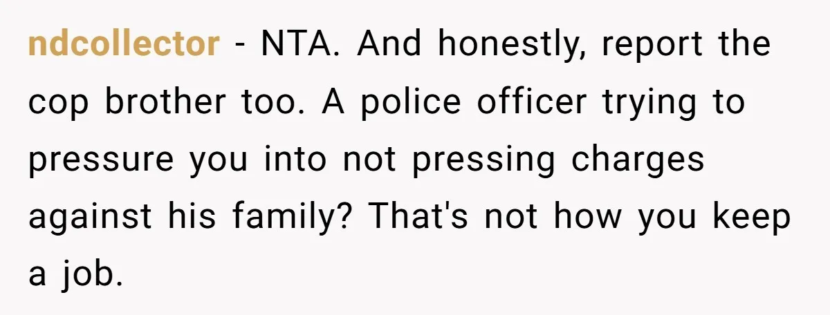 ndcollector - NTA. And honestly, report the cop brother too. A police officer trying to pressure you into not pressing charges against his family? That's not how you keep a...