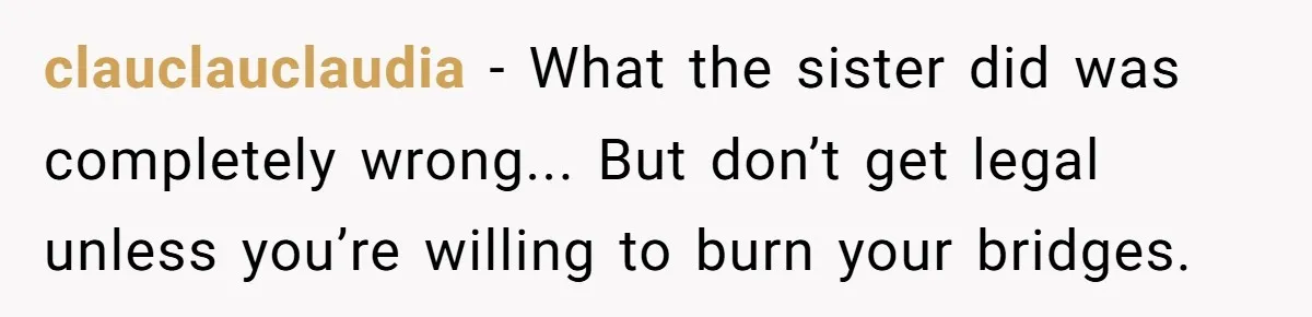 clauclauclaudia - What the sister did was completely wrong... But don’t get legal unless you’re willing to burn your bridges.