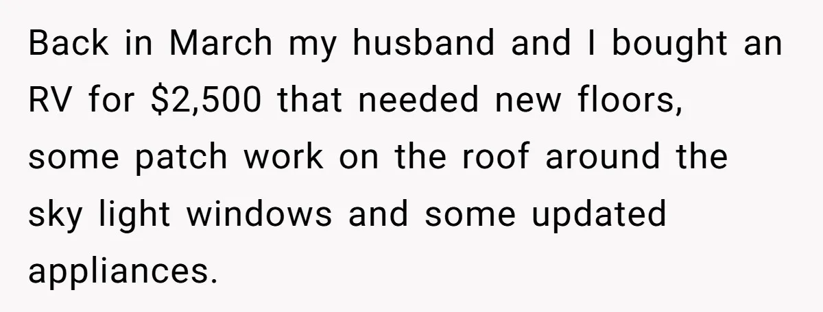 Back in March my husband and I bought an RV for $2,500 that needed new floors, some patch work on the roof around the sky light windows and some updated...