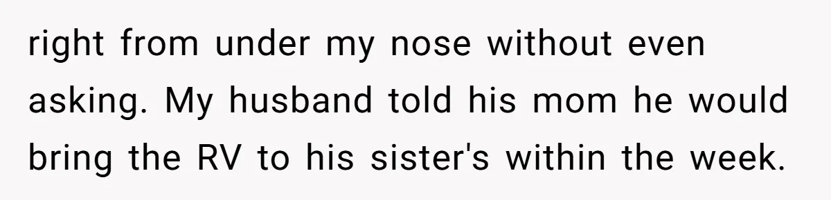 right from under my nose without even asking. My husband told his mom he would bring the RV to his sister's within the week.