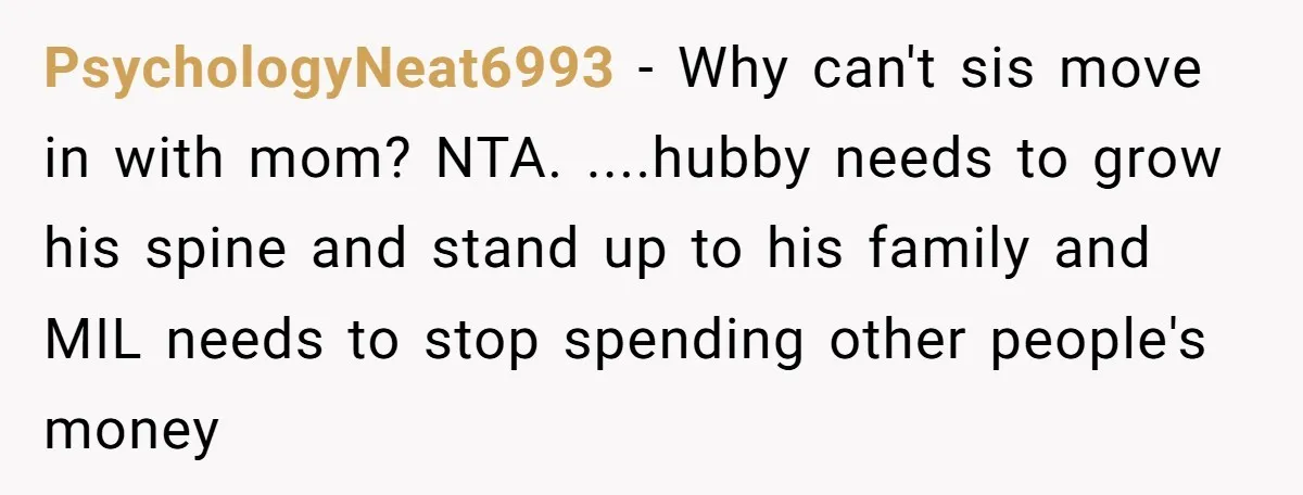 PsychologyNeat6993 − Why can't sis move in with mom? NTA. ....hubby needs to grow his spine and stand up to his family and MIL needs to stop spending other people's...