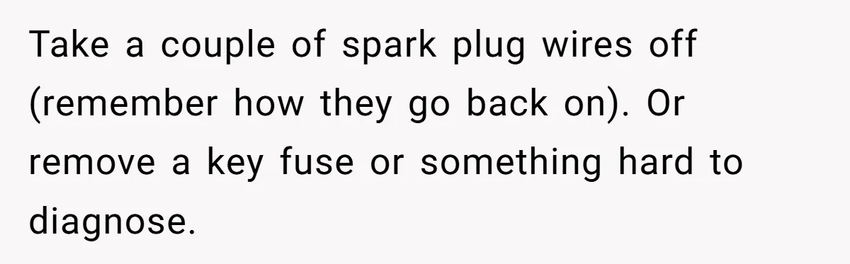 Take a couple of spark plug wires off (remember how they go back on). Or remove a key fuse or something hard to diagnose.