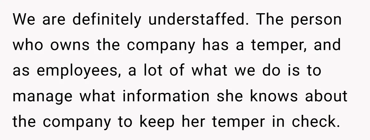 We are definitely understaffed. The person who owns the company has a temper, and as employees, a lot of what we do is to manage what information she knows about...