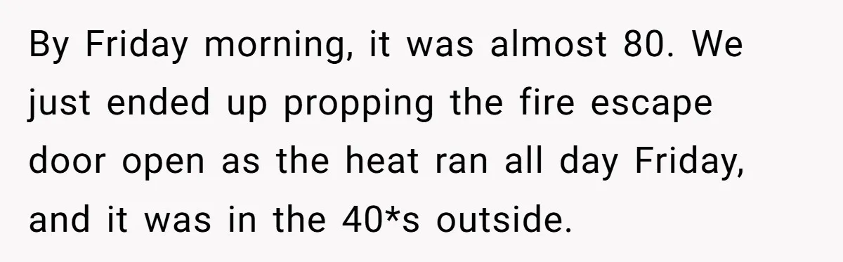 By Friday morning, it was almost 80. We just ended up propping the fire escape door open as the heat ran all day Friday, and it was in the 40*s...