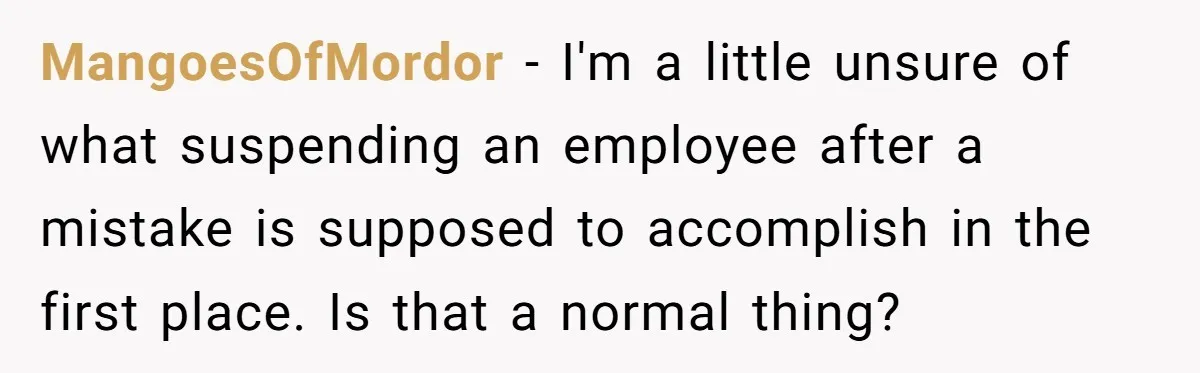 MangoesOfMordor − I'm a little unsure of what suspending an employee after a mistake is supposed to accomplish in the first place. Is that a normal thing?