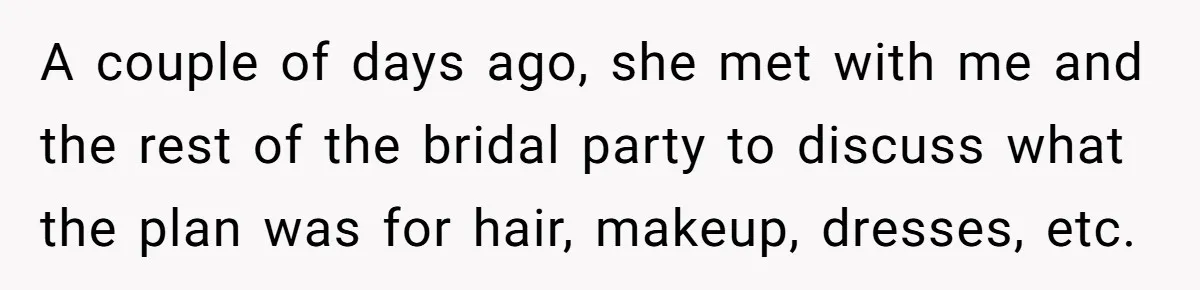 A couple of days ago, she met with me and the rest of the bridal party to discuss what the plan was for hair, makeup, dresses, etc.