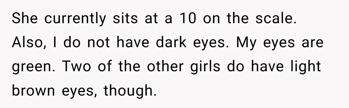 She currently sits at a 10 on the scale. Also, I do not have dark eyes. My eyes are green. Two of the other girls do have light brown eyes,...