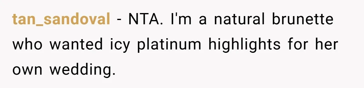 tan_sandoval − NTA. I'm a natural brunette who wanted icy platinum highlights for her own wedding.