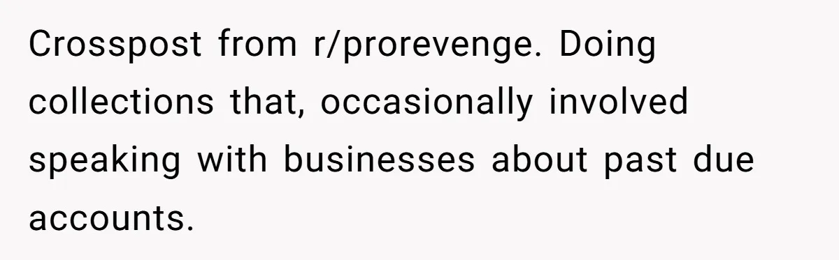 Crosspost from r/prorevenge. Doing collections that, occasionally involved speaking with businesses about past due accounts.