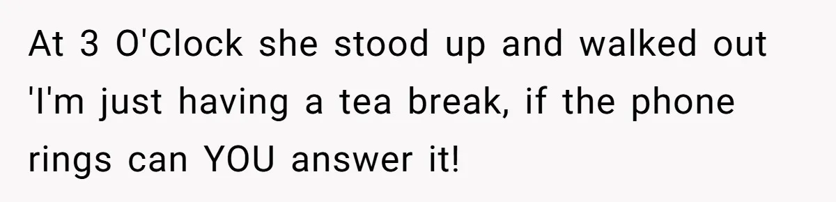 At 3 O'Clock she stood up and walked out 'I'm just having a tea break, if the phone rings can YOU answer it!