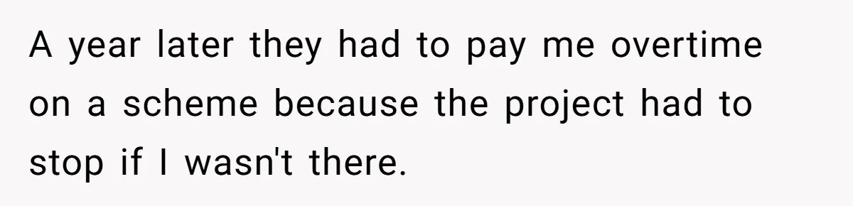 A year later they had to pay me overtime on a scheme because the project had to stop if I wasn't there.