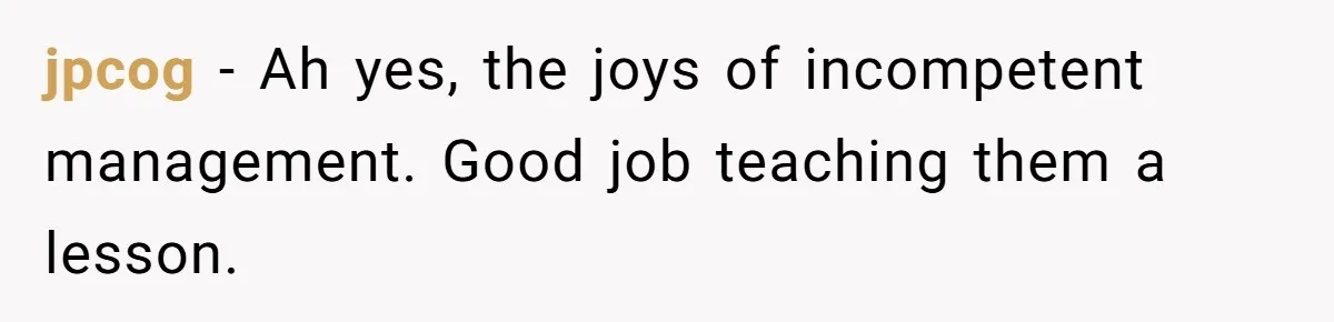 jpcog − Ah yes, the joys of incompetent management. Good job teaching them a lesson.