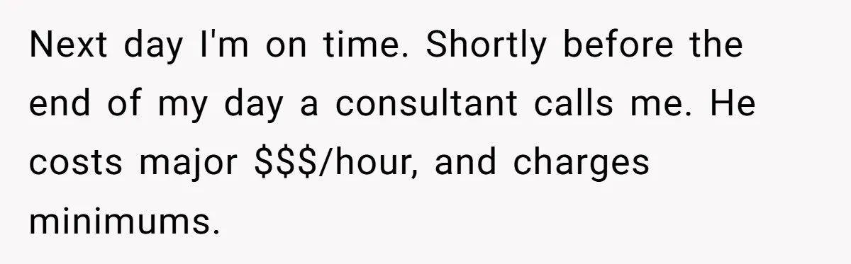 Next day I'm on time. Shortly before the end of my day a consultant calls me. He costs major $$$/hour, and charges minimums.
