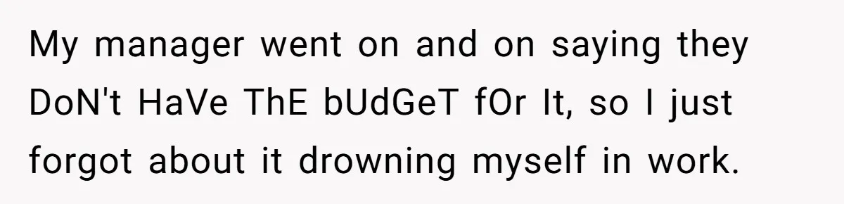 My manager went on and on saying they DoN't HaVe ThE bUdGeT fOr It, so I just forgot about it drowning myself in work.
