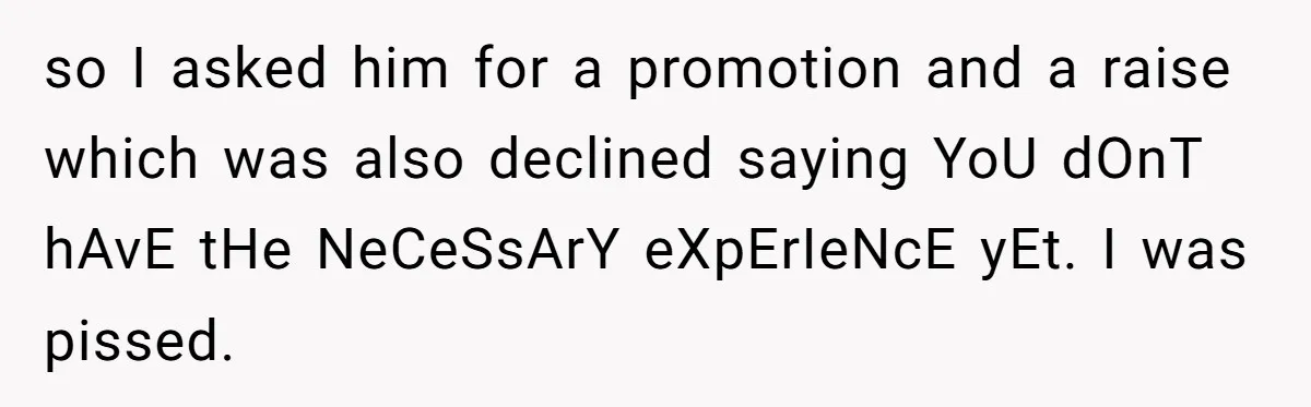 so I asked him for a promotion and a raise which was also declined saying YoU dOnT hAvE tHe NeCeSsArY eXpErIeNcE yEt. I was pissed.