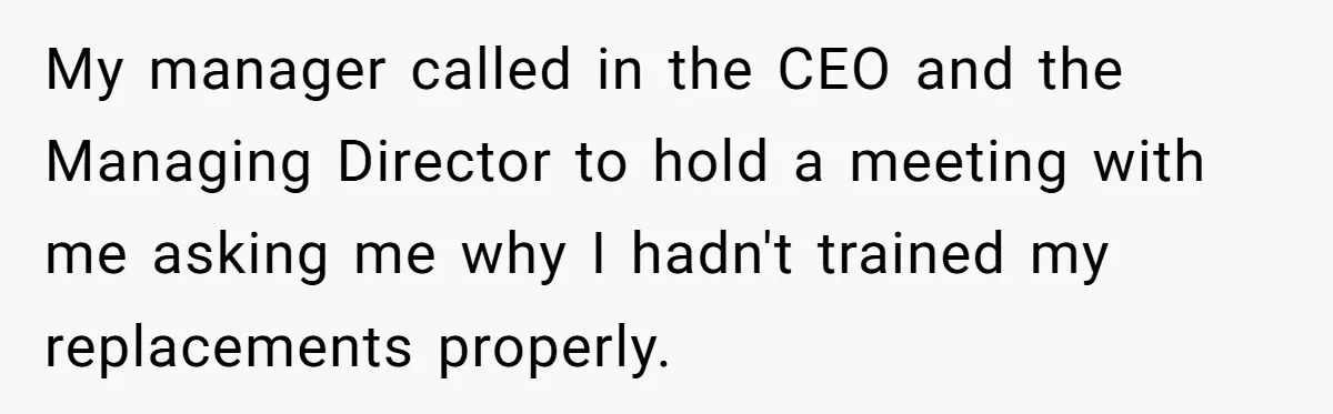 My manager called in the CEO and the Managing Director to hold a meeting with me asking me why I hadn't trained my replacements properly.