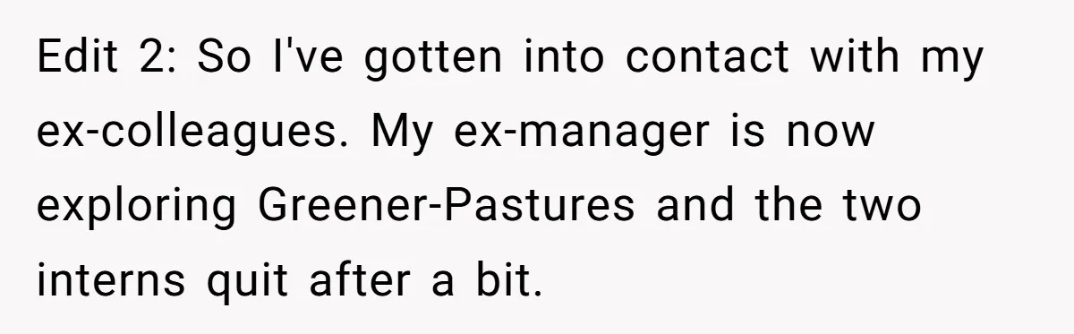 Edit 2: So I've gotten into contact with my ex-colleagues. My ex-manager is now exploring Greener-Pastures and the two interns quit after a bit.