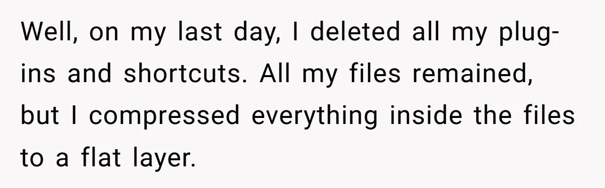 Well, on my last day, I deleted all my plug-ins and shortcuts. All my files remained, but I compressed everything inside the files to a flat layer.