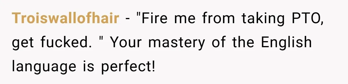 Troiswallofhair − "Fire me from taking PTO, get fucked. " Your mastery of the English language is perfect!
