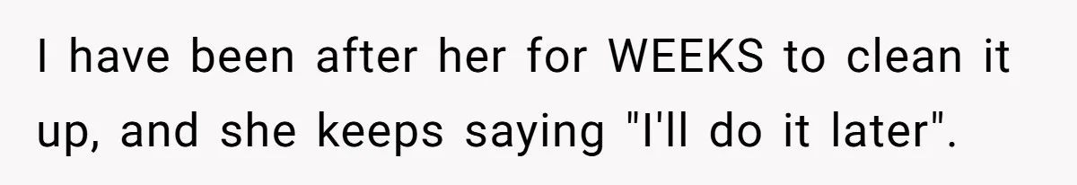I have been after her for WEEKS to clean it up, and she keeps saying "I'll do it later".