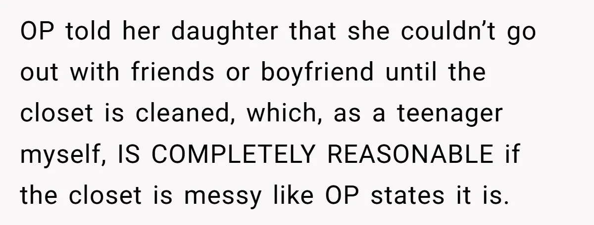 OP told her daughter that she couldn’t go out with friends or boyfriend until the closet is cleaned, which, as a teenager myself, IS COMPLETELY REASONABLE if the closet is...