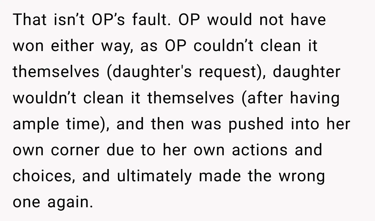 That isn’t OP’s fault. OP would not have won either way, as OP couldn’t clean it themselves (daughter's request), daughter wouldn’t clean it themselves (after having ample time), and then...