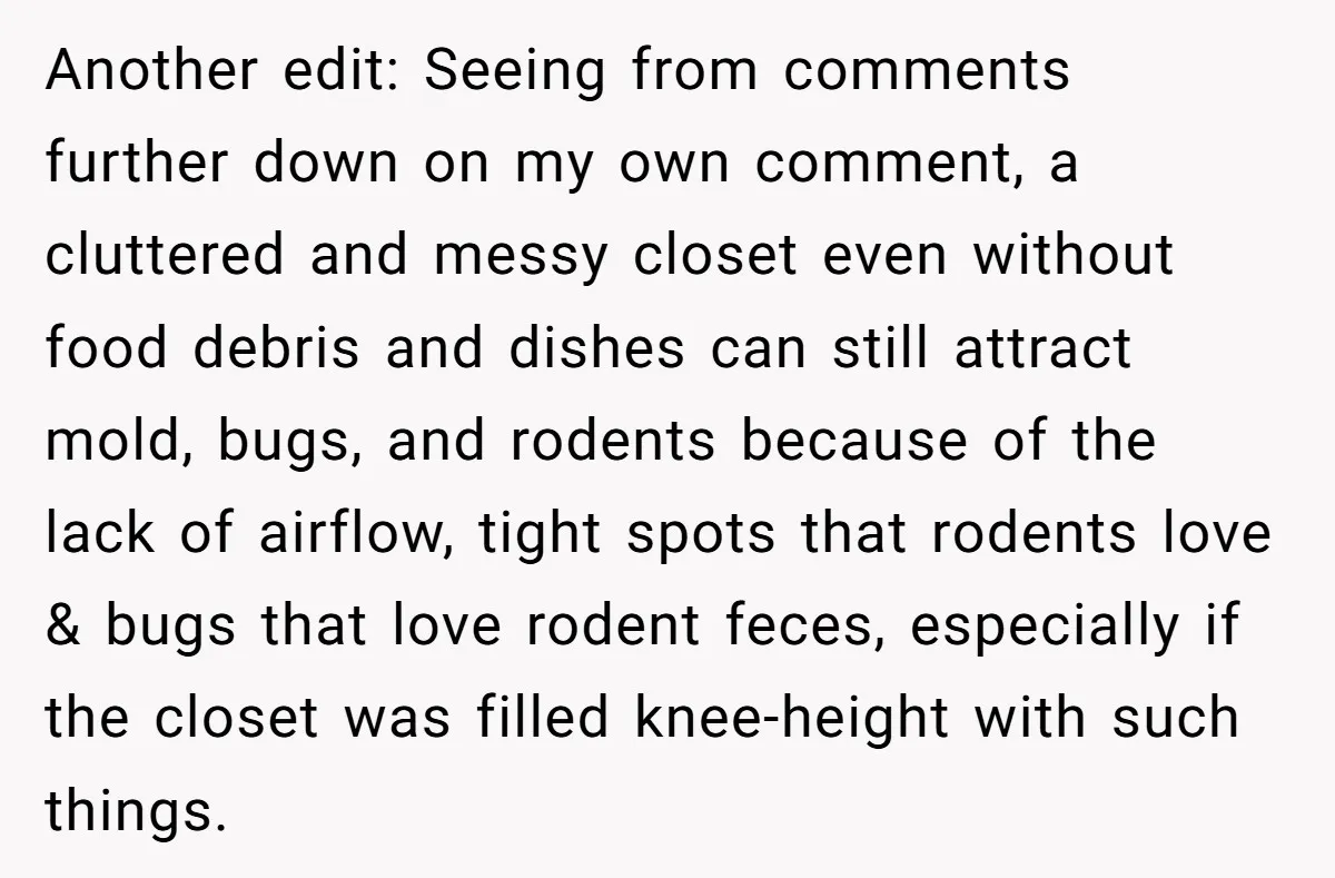 Another edit: Seeing from comments further down on my own comment, a cluttered and messy closet even without food debris and dishes can still attract mold, bugs, and rodents because...