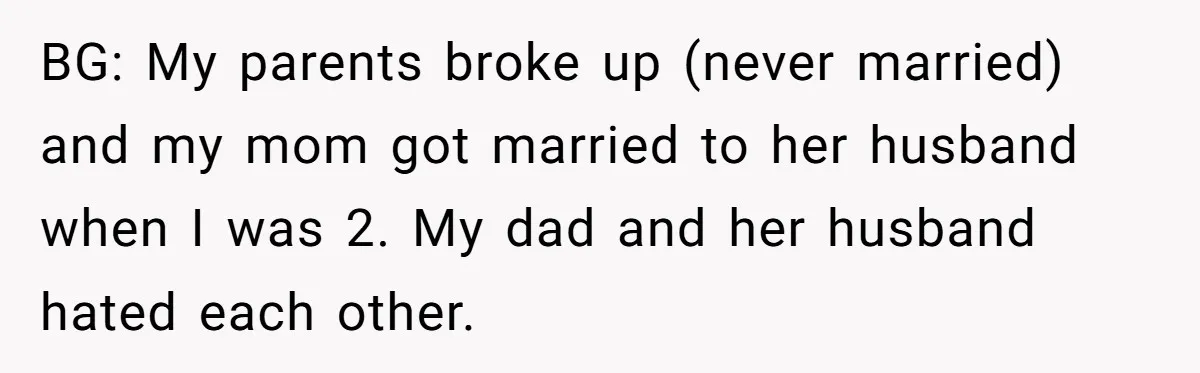 BG: My parents broke up (never married) and my mom got married to her husband when I was 2. My dad and her husband hated each other.