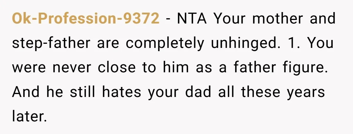 Ok-Profession-9372 − NTA Your mother and step-father are completely unhinged. 1. You were never close to him as a father figure. And he still hates your dad all these years...