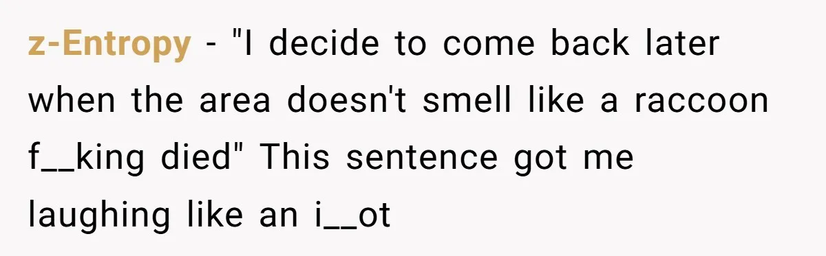 z-Entropy − "I decide to come back later when the area doesn't smell like a raccoon f__king died" This sentence got me laughing like an i__ot