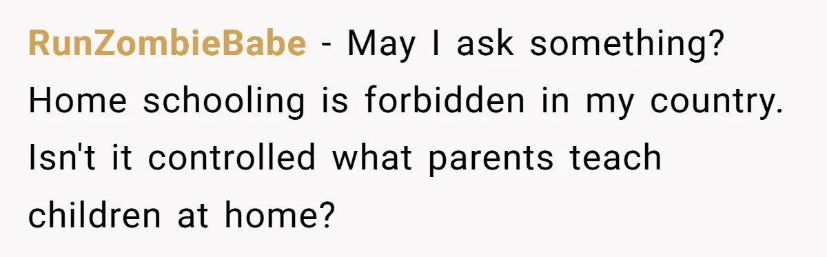 RunZombieBabe − May I ask something? Home schooling is forbidden in my country. Isn't it controlled what parents teach children at home?