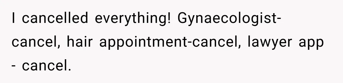 I cancelled everything! Gynaecologist-cancel, hair appointment-cancel, lawyer app - cancel.