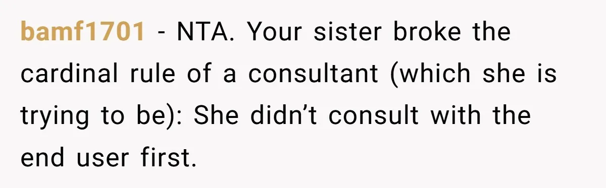 bamf1701 − NTA. Your sister broke the cardinal rule of a consultant (which she is trying to be): She didn’t consult with the end user first.