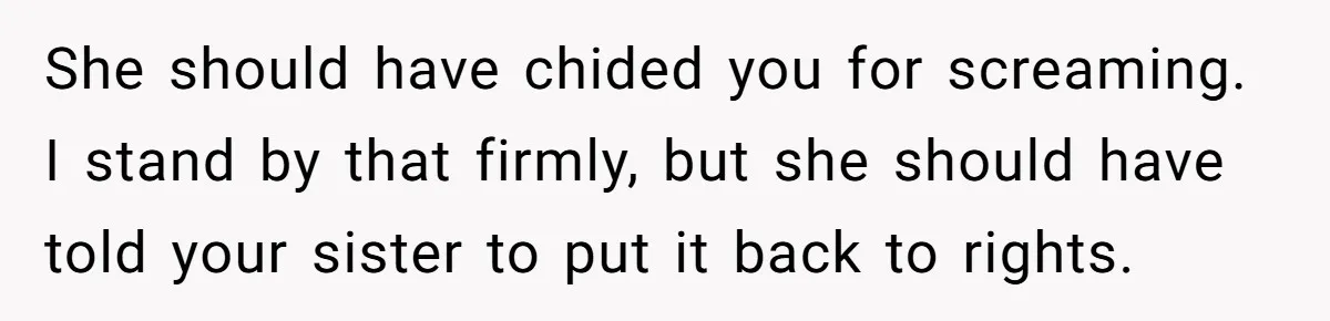 She should have chided you for screaming. I stand by that firmly, but she should have told your sister to put it back to rights.