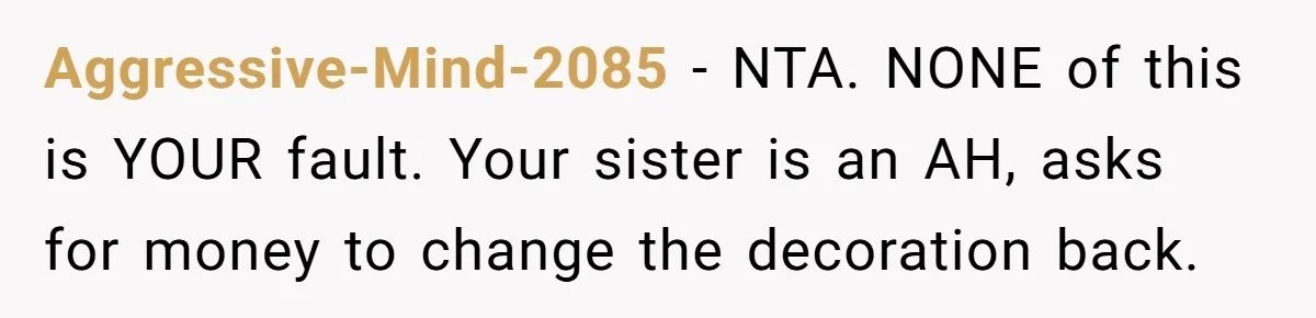 Aggressive-Mind-2085 − NTA. NONE of this is YOUR fault. ​Your sister is an AH, asks for money to change the decoration back. ​