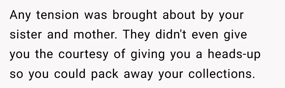 Any tension was brought about by your sister and mother. They didn't even give you the courtesy of giving you a heads-up so you could pack away your collections.