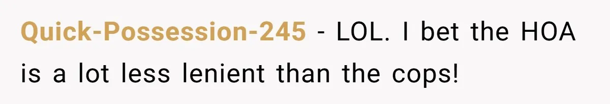 Quick-Possession-245 − LOL. I bet the HOA is a lot less lenient than the cops!