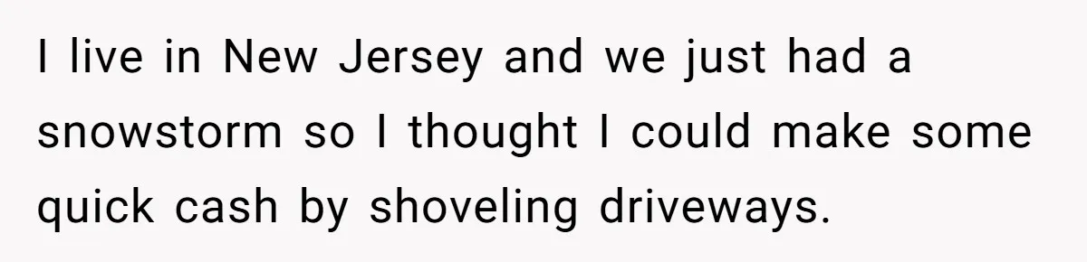 I live in New Jersey and we just had a snowstorm so I thought I could make some quick cash by shoveling driveways.