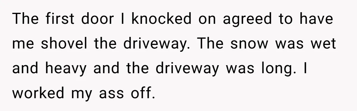 The first door I knocked on agreed to have me shovel the driveway. The snow was wet and heavy and the driveway was long. I worked my ass off.