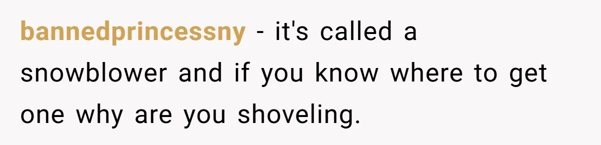 bannedprincessny − it's called a snowblower and if you know where to get one why are you shoveling.