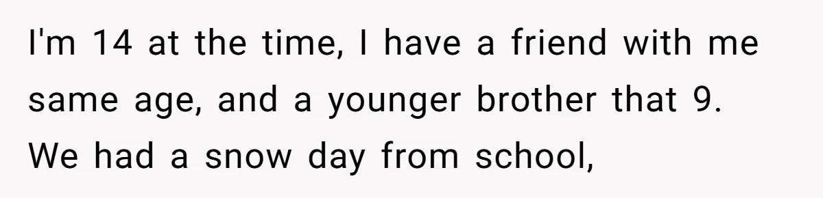 I'm 14 at the time, I have a friend with me same age, and a younger brother that 9. We had a snow day from school,