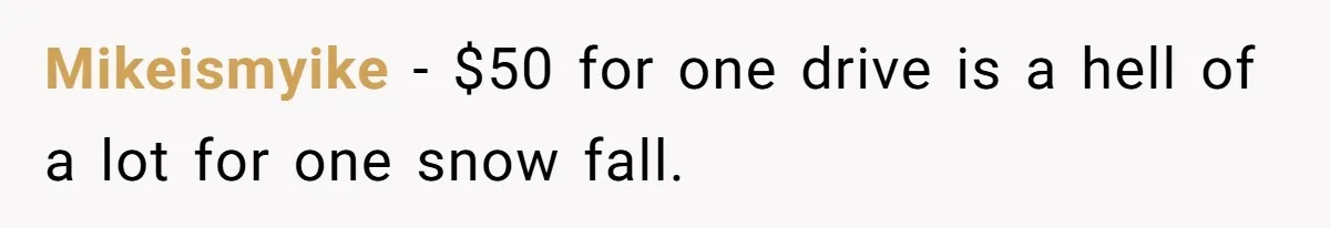 Mikeismyike − $50 for one drive is a hell of a lot for one snow fall.