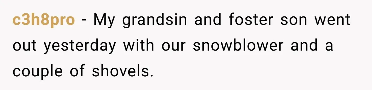 c3h8pro − My grandsin and foster son went out yesterday with our snowblower and a couple of shovels.