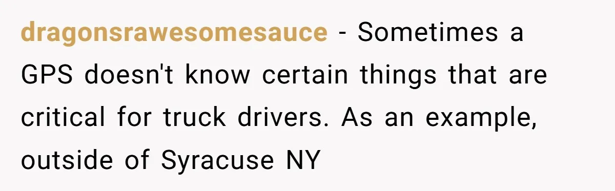 dragonsrawesomesauce - Sometimes a GPS doesn't know certain things that are critical for truck drivers. As an example, outside of Syracuse NY