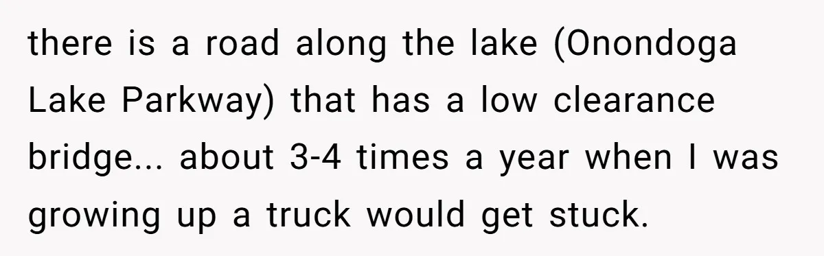 there is a road along the lake (Onondoga Lake Parkway) that has a low clearance bridge... about 3-4 times a year when I was growing up a truck would get...