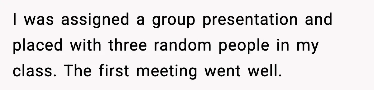 I was assigned a group presentation and placed with three random people in my class. The first meeting went well.