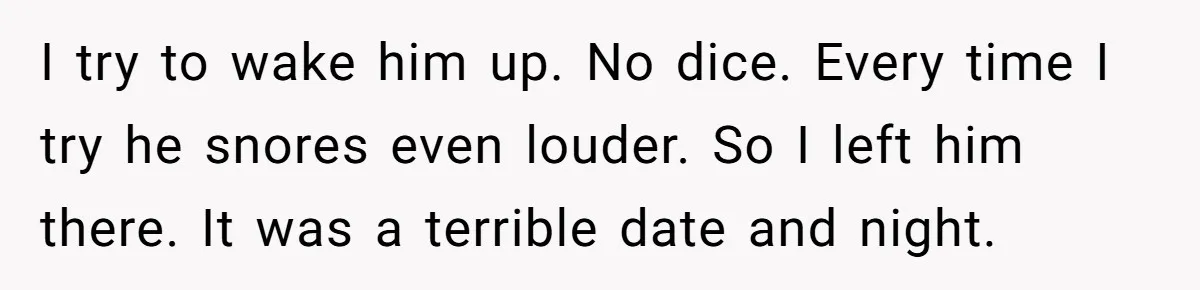 I try to wake him up. No dice. Every time I try he snores even louder. So I left him there. It was a terrible date and night.
