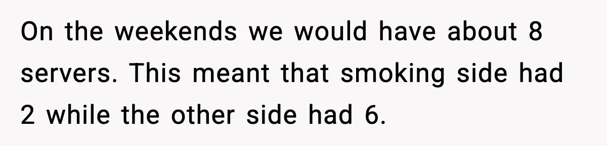On the weekends we would have about 8 servers. This meant that smoking side had 2 while the other side had 6.